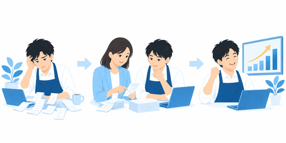 散らかった領収書に悩む経営者が、Spoonと数字を整理し、毎月の経営状況を把握する様子