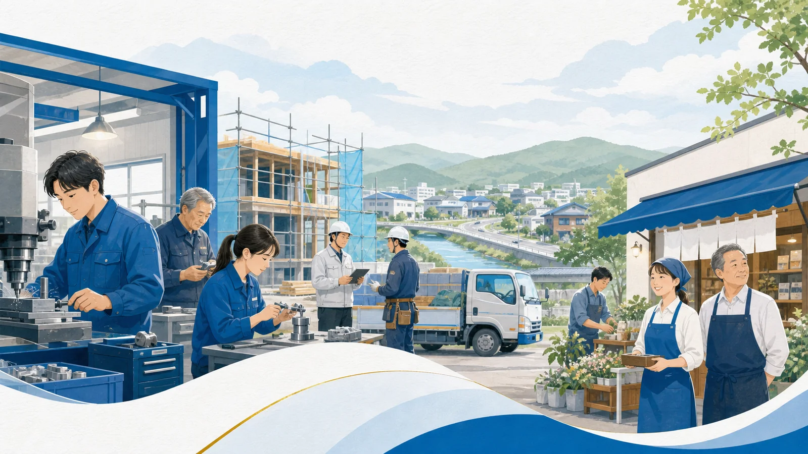 西三河の製造業、建設業、店舗で働く人々を描いたイラスト